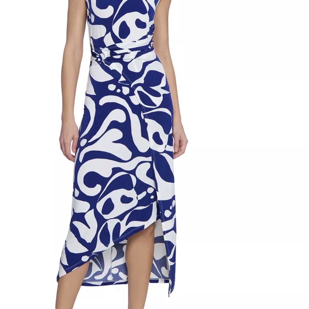 Donna Morgan Asymmetrical Dress in Blue and White